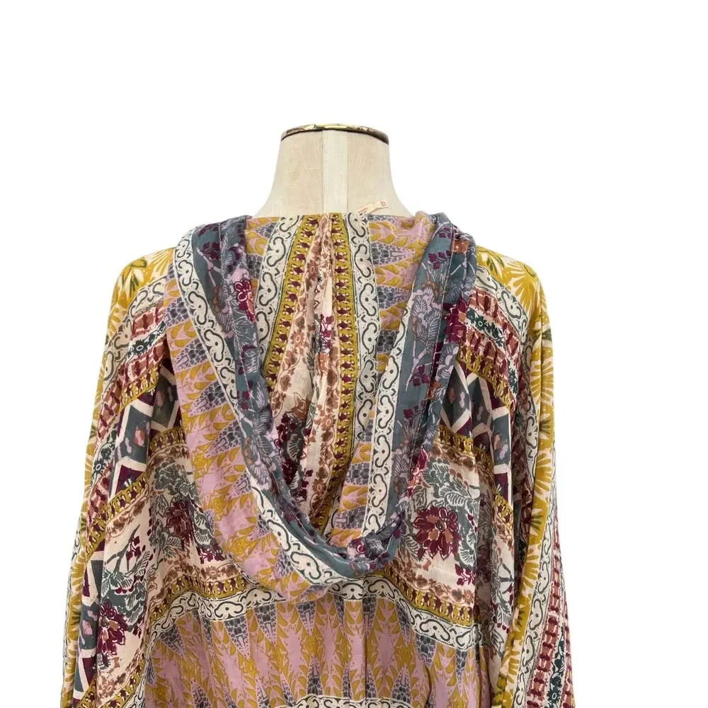 Free People Hold On Tight Gauze Pullover‎ Top Hooded Floral Paisley XS Small